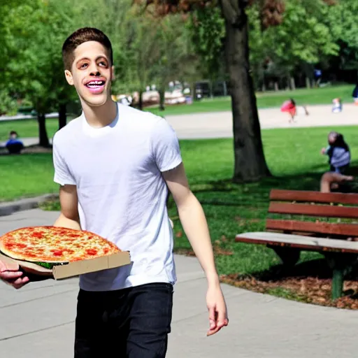 Prompt: pete davidson happily carrying a fresh pizza without a box, just the pizza, outside in a park