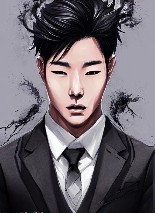 Image similar to a highly detailed illustration of attractive korean man with black hair wearing shirt and tie with giant black mist claws, wielding giat black mist claws pose, tired expression, black mist background, intricate, elegant, highly detailed, centered, digital painting, artstation, concept art, smooth, sharp focus, league of legends concept art, wlop.