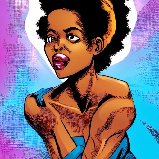 Image similar to comic book hero black girl with Afro, tall and slim figure, brown skinned brown eyes full lips,