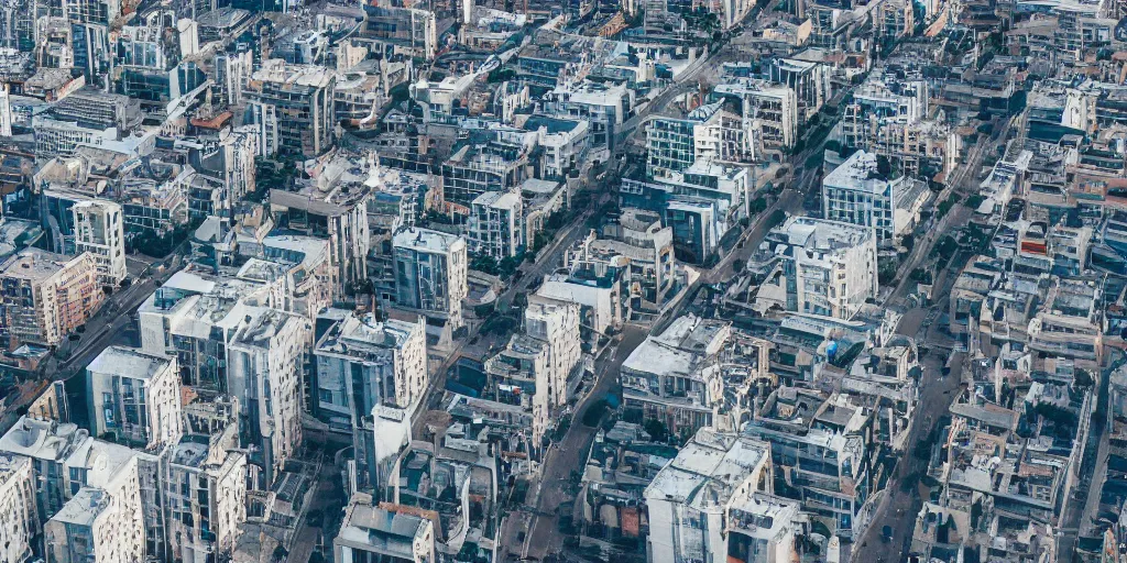 Image similar to drone view of a Brutalist architecture city with a large road through, telephoto lens, 3D digital art 4k