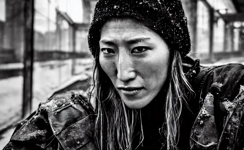 Prompt: cinestill 5 0 d candid photographic portrait by helen levitt of dichen lachman wearing rugged black mesh techwear on a dirtbike through an abandoned mall, extreme closeup, modern cyberpunk moody emotional cinematic, snow storm, 8 k, hd, high resolution, 3 5 mm, f / 3 2, ultra realistic faces, ex machina