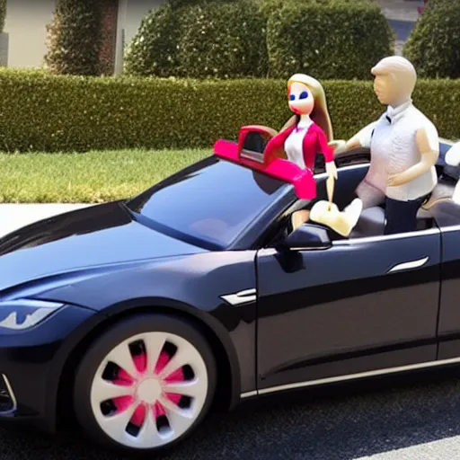 Prompt: a photo of elon musk driving a toy barbie convertible, trending on twitter