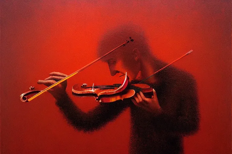 Prompt: surreal concept of the mystery musician with colored smoke playing a violin, in the style of rafał olbinski, in the style of beksinski, intricate and epic composition, red by caravaggio, insanely quality, highly detailed, masterpiece, purple light, artstation, 4 k