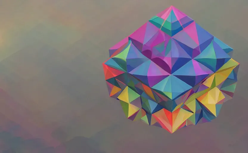 Image similar to a painting of a sierpinski icosahedron trending on artstation in the style of greg rutkowski, 3 d, fractal, 4 d, endless, rainbow, geometric tesseract, symmetry