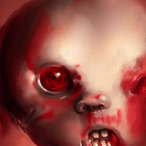 Prompt: red baby in the dark, baby skin wet, highly detailed, digital painting, concept art, sharp focus, illustration, frank frazetta