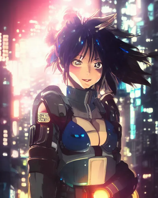 Image similar to portrait of anime girl in mechanic armor in night HongKong by makoto sinkai, my hero academia, cyberpunk, greg rutkowski, perfect face, fine details