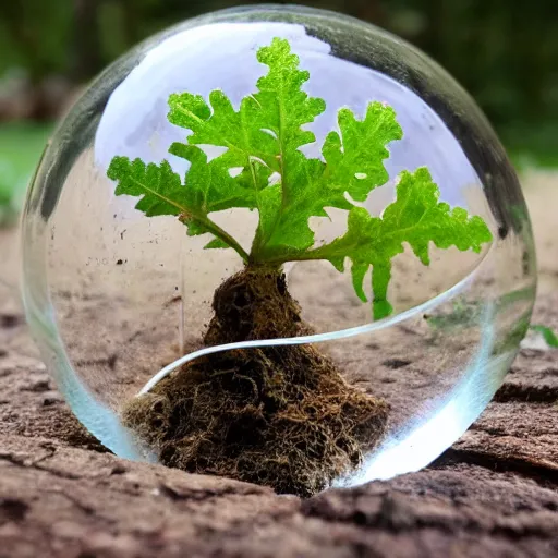 Prompt: oak sapling growing onto of a glass sphere with roots sticking out of it