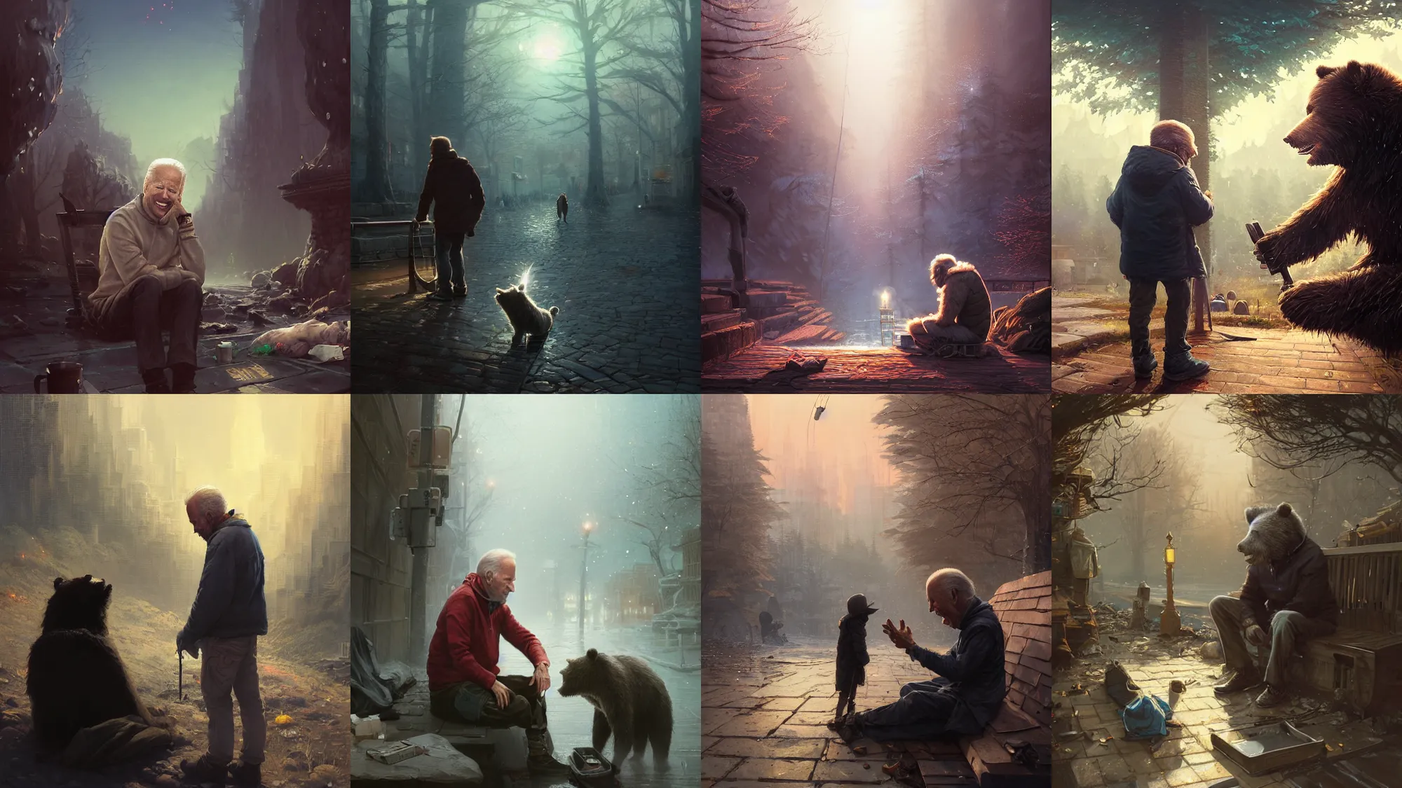 Prompt: highly detailed portrait of joe biden as a homeless, talking to bear, stephen bliss, unreal engine, fantasy art by greg rutkowski, loish, rhads, ferdinand knab, makoto shinkai and lois van baarle, ilya kuvshinov, rossdraws, tom bagshaw, global illumination, radiant light, detailed and intricate environment