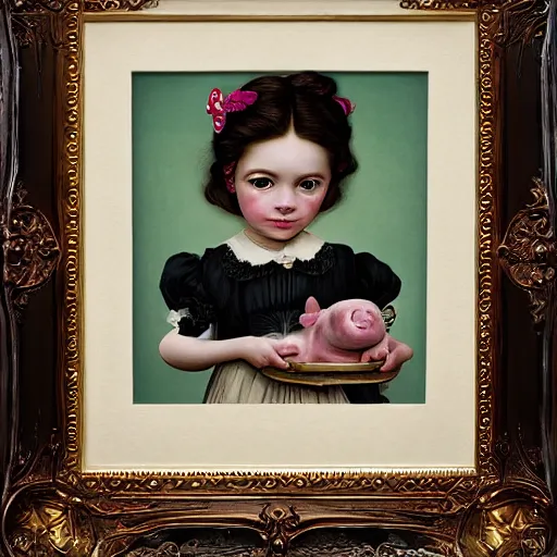 Prompt: a cute victorian girl with pig, illustration, 8 k, by roby dwi antono, by mark ryden