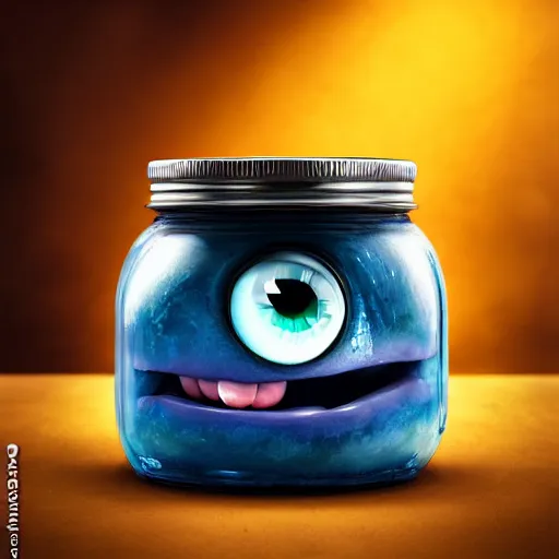 Image similar to cute monster in a jar by Greg Rutkowski, product photography, centered, studio lightning