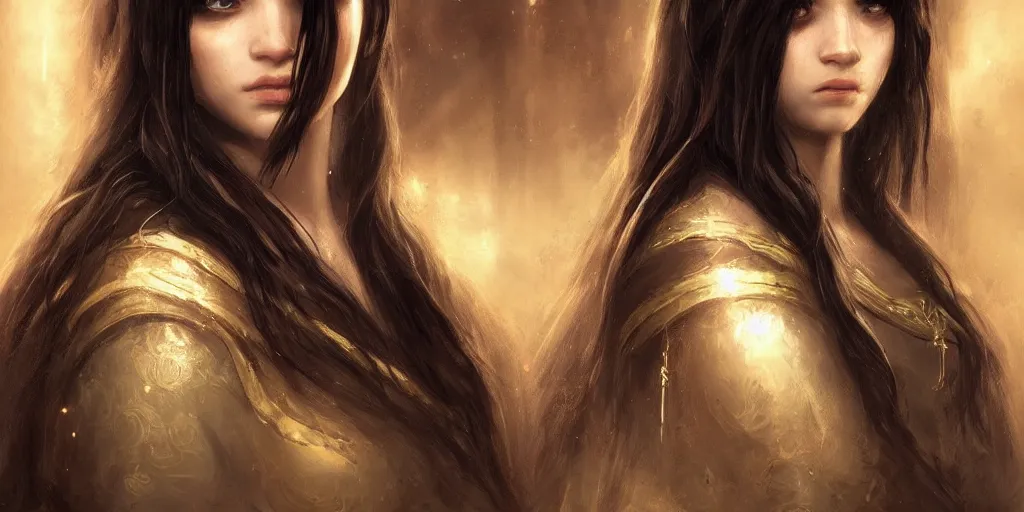 Prompt: a young priestess with long black hair weavering golden string of magic, barroque painting, ultra realistic. cinematic, dynamic. magic the gathering style. epic fantasy, insanely detailed, 4k, symmetrical face, rpg character reference