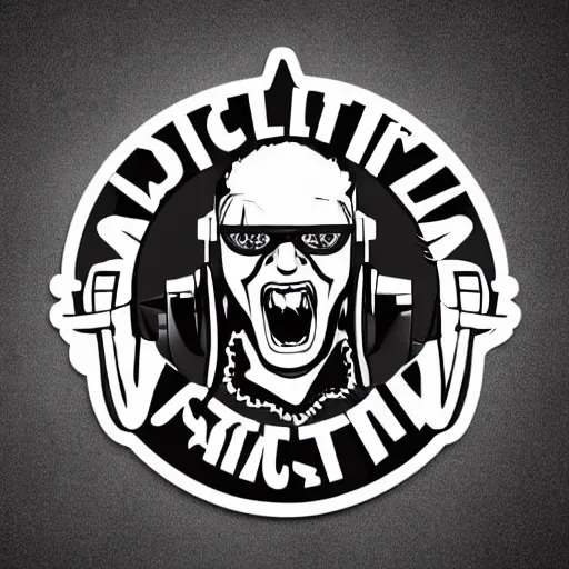 Image similar to svg vector sticker of absolutely insane-mad-scientist-villain, rocking out, wearing headphones, huge speakers, dancing, rave, DJ, spinning records, digital art, amazing composition, rule-of-thirds, award-winning, trending on artstation, featured on deviantart