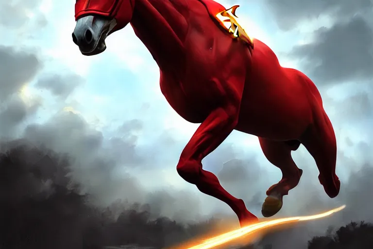 Image similar to a stunning digital painting of a horse as the flash in spandex costume, running in the speedforce by greg rutkowski, volumetric light, digital art, fine detail, photorealistic