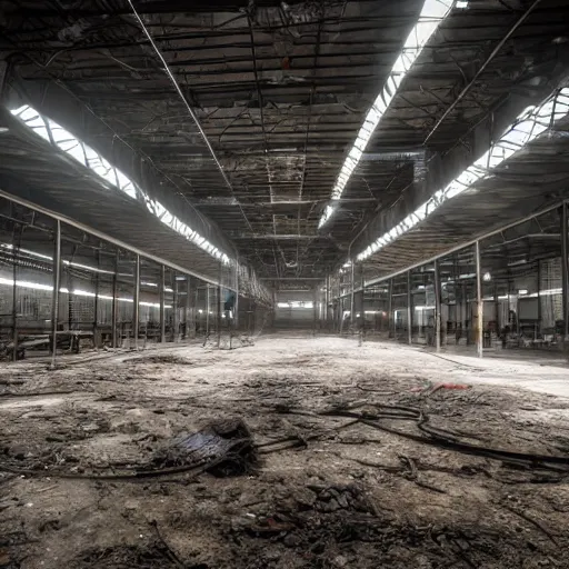 Prompt: picture of the inside of a large scale manufacturing facility, dirty, dusty, abandoned, moody lighting, contrast, photography, wires, lights, conveyor belts, mezzanine, fog