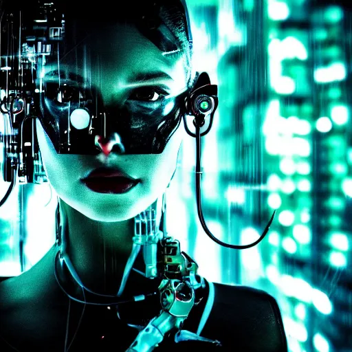 Image similar to portrait of cybernetic wolf, machine, translucent liquid, cyberpunk, robot, mechanical parts, jewelry, editorial photography, neons, blade runner, futuristic style, realistic bokeh and depth of field, award winning, establishing shot