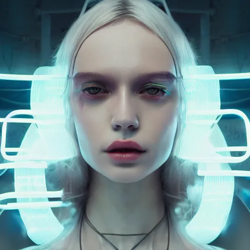 Image similar to white one cast futuristic biomechanic future human, beautiful face, female, futuristic, neon lights, cyberpunk, 8 k, digital painting, by beeple and makoto shinkai, trending on cg society, glamour pose, fashion photography, high fashion, canon r 3, photorealistic, hyper realisitic