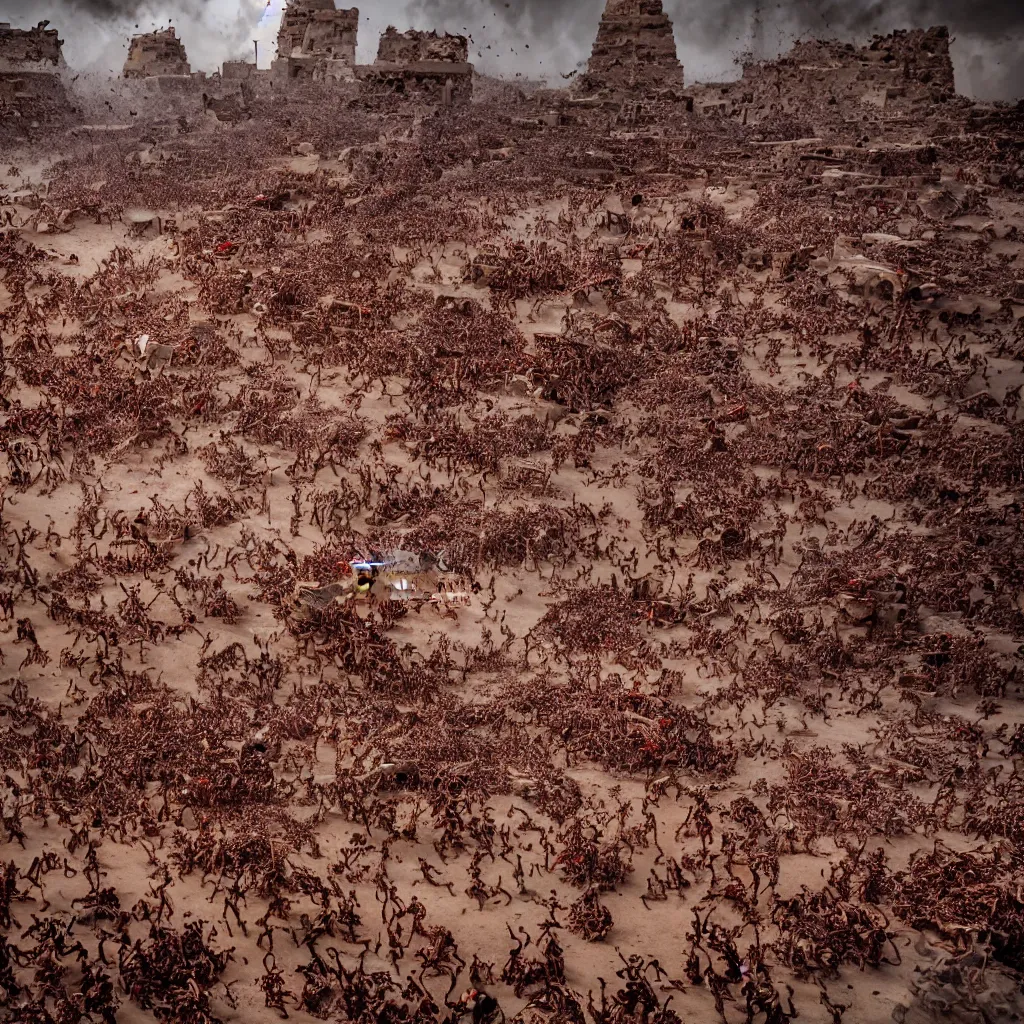 Image similar to Blood Tsunami and swarm of locusts engulfing a decadent ancient egyptian city, wrath of god, photography