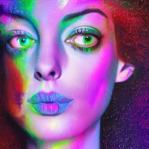 Image similar to surreal Anne Hathaway covered in chromatic distortions standing in mysterious place, beautiful, pscychodelic, trending on artstation, artwork by Hughes, Edward Robert