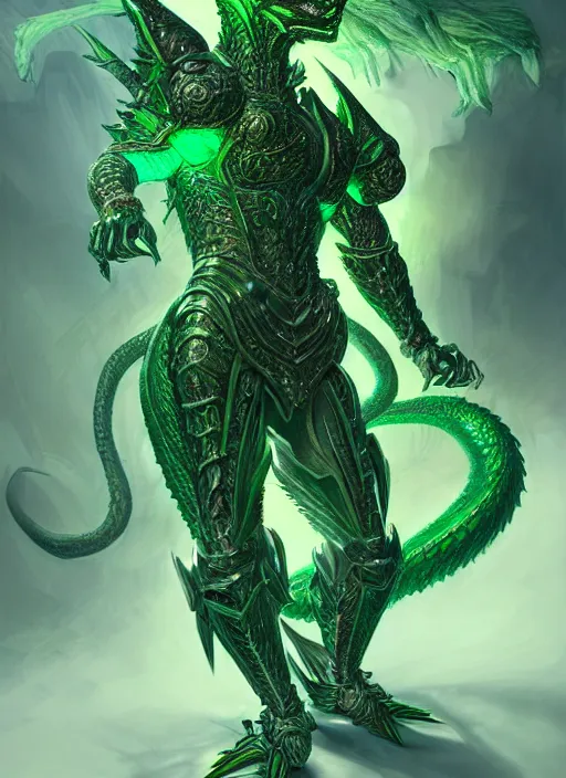 Image similar to muscular and tall green ghostly fire humanoid dragon!!!! draconian!! intricate ornate iridescent heavy armor!! character concept art, sharp focus, octane render! unreal engine 5! highly rendered!! trending on artstation!! detailed linework!! illustration by artgerm, wlop, and chie yoshii