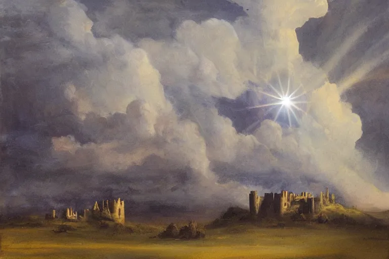 Image similar to Castle just made of clouds, celestial light, divine, in the style of Wylie Beckert