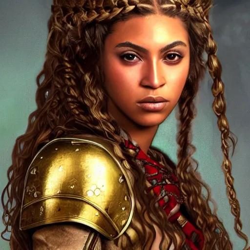 Prompt: head and shoulders portrait of a female knight, young beyonce, golden etched armor, lord of the rings, celtic hair braid, eldritch ruby amulet, sylvan glade, by artgerm, alphonse mucha, face detail, sharp focus, high key lighting, vogue fashion photo