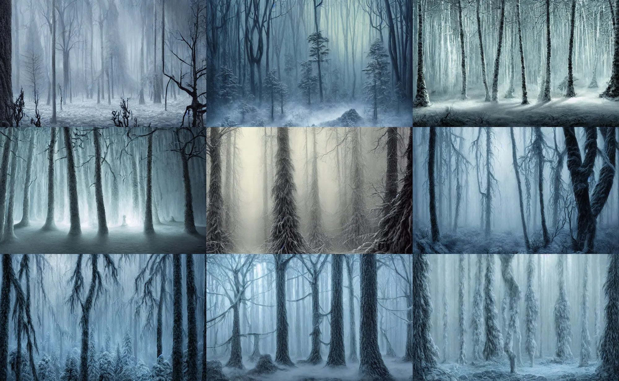 Prompt: artwork of an massive ice sculpture of an overgrown forest, trees made of ice, night, fog, cold ambient light, artwork by gerald brom, beautiful, 4 k, masterpiece,