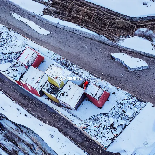 Prompt: snowy region on coast of Iceland, abandoned mine and crates full of supplies buried in snow::2 aerial drone perspective, top down view ::1 sattelite image of snow from 250 meters height, some coal boxes and barrels are covered in snow, old mine remains :: 1 post apocalyptic, snowstorm ::5