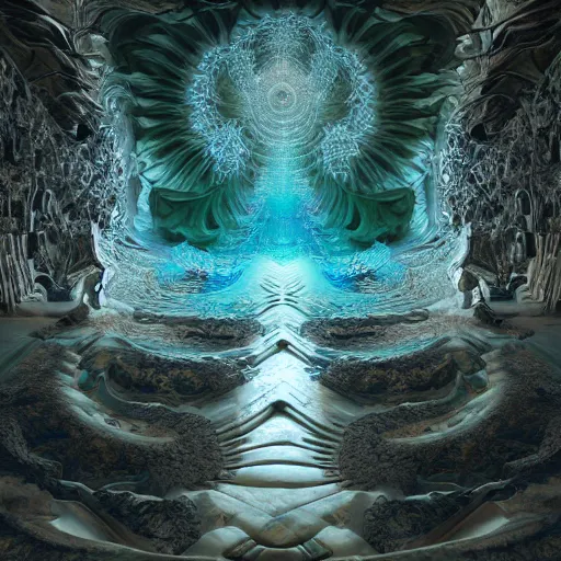 Image similar to a beautiful 3 d painting of a huge sprawling fractal cathedral interior populated by mandelbrot fractals by android jones, unreal engine, carved stone, carved soap, white color scheme, volumetric lighting, octane render, dramatic lighting, glowing, carved marble, opalescent, sacred geometry, religious, angelic, catholicpunk, stark, trending on artstation