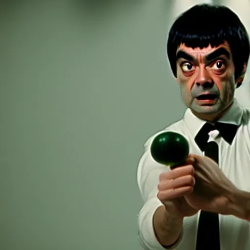 Image similar to mr. bean as bruce lee. movie still. cinematic lighting.