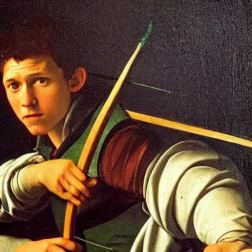 Prompt: Tom Holland wearing green tunic holding a longbow and an arrow. Painted by Caravaggio high detail