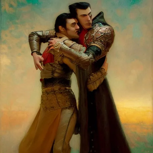 Image similar to attractive male, arthur pendragon confesses his love to attractive male dracula the vampire. highly detailed painting by gaston bussiere, craig mullins, j. c. leyendecker 8 k