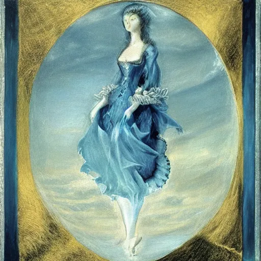 Image similar to Marie Antoinette levitating over the sea. El Greco, Remedios Varo, Salvador Dali, Carl Gustav Carus, John Atkinson Grimshaw. Blue tint. Symetrical, logo, geometric shapes.