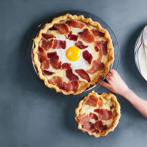 Prompt: fat tabby cat eating a bacon and egg pie