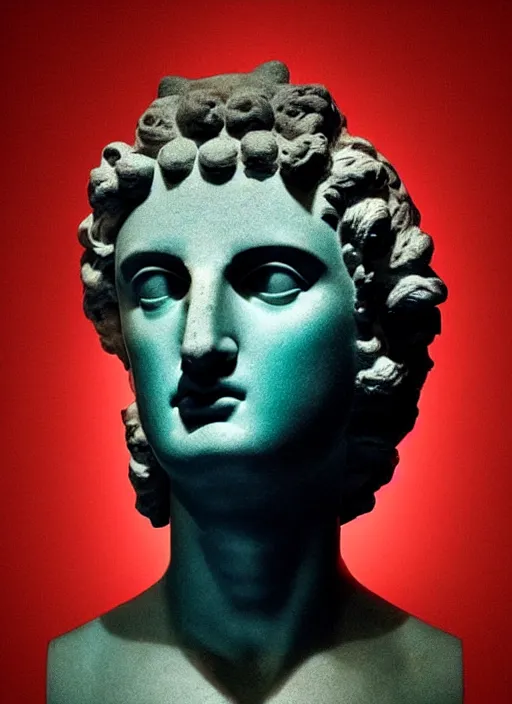 Image similar to ancient greek statue, beeple, vaporwave, retrowave, black background, neon, black, glitch, strong contrast, pinterest, trending on artstation