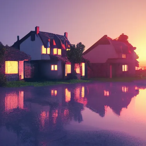 Image similar to houses made of clay, digital art, octane render, blender, artstation, vaponpunk, sunset, 8k, soft light, ray tracing, wet ground