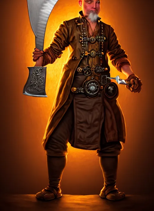 Image similar to detailed portrait of a steampunk chef character posing battle stance holding a giant glowing runeforged kitchen knife, diffuse lighting, scifi fantasy, intricate, highly detailed, lifelike, photorealistic, digital painting, artstation, illustration, concept art, smooth, sharp focus, art by john collier and albert aublet and krenz cushart