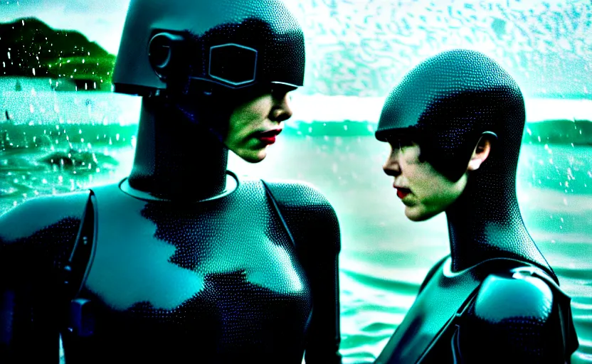 Image similar to cinestill 5 0 d candid action photographic portrait by christopher nolan of two loving female androids wearing rugged black mesh techwear in treacherous waters, extreme closeup, modern cyberpunk retrofuturism moody emotional cinematic, pouring iridescent rain, 8 k, hd, high resolution, 3 5 mm, f / 3 2, motion blur, ultra realistic faces, ex machina