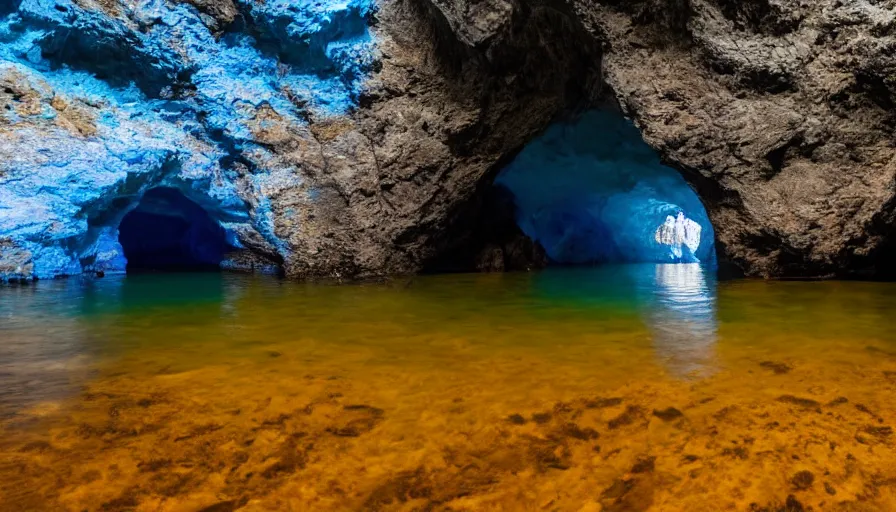 Image similar to Blue cave during the day, blue water, reflections ,god rays, incredible lighting, 4k photography award winning,