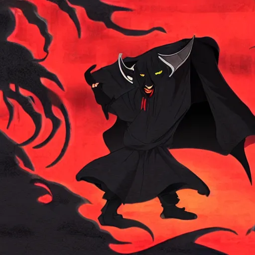 Prompt: mazoku, demon boy, yokai boy wearing vantablack cloak, vantablack cape, muscular boy, demon tail
