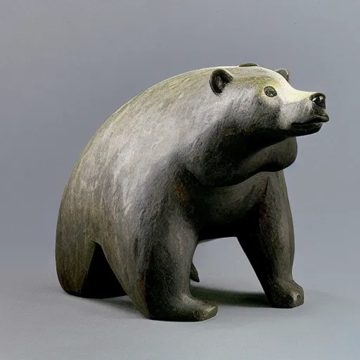 Image similar to soapstone carving of a bear on a paddleboard, in the style of soapstone carving, in the inuit style,