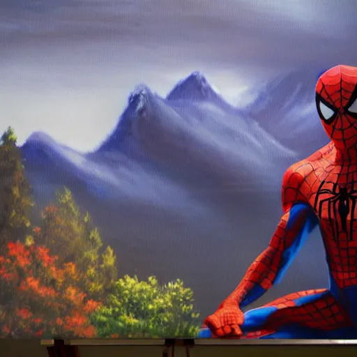 Image similar to a closeup photorealistic photograph of bob ross working on a canvas painting of spiderman. film still. brightly lit scene. mountains and trees. this 4 k hd image is trending on artstation, featured on behance, well - rendered, extra crisp, features intricate detail, epic composition and the style of unreal engine.