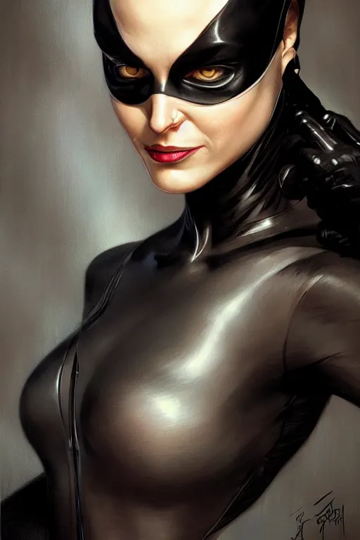 Image similar to catwoman, realistic portrait, symmetrical, highly detailed, digital painting, artstation, concept art, smooth, sharp focus, illustration, cinematic lighting, art by artgerm and greg rutkowski and alphonse mucha
