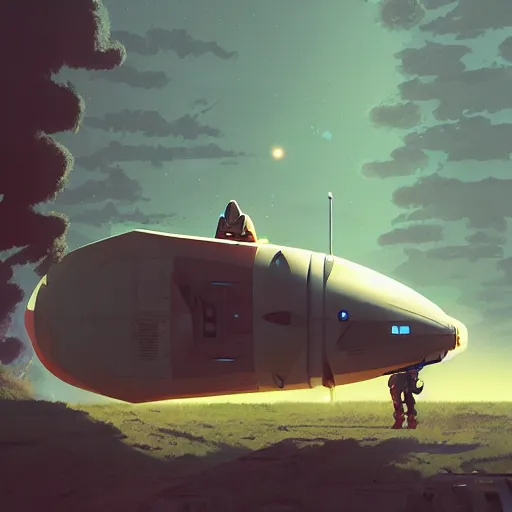 Image similar to ilustration astronaut unloading the spaceship before camping, characterized by roman shipunov, etienne hebinger, atey ghailan, cgsociety, cynical realism, fantasy art, 2 d game art