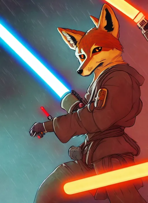 Prompt: character portrait of a anthro coyote fursona wearing jedi robes wielding an orange lightsaber in a cyberpunk city at night while it rains. hidari, color page, tankoban, 4K, tone mapping, Akihiko Yoshida.