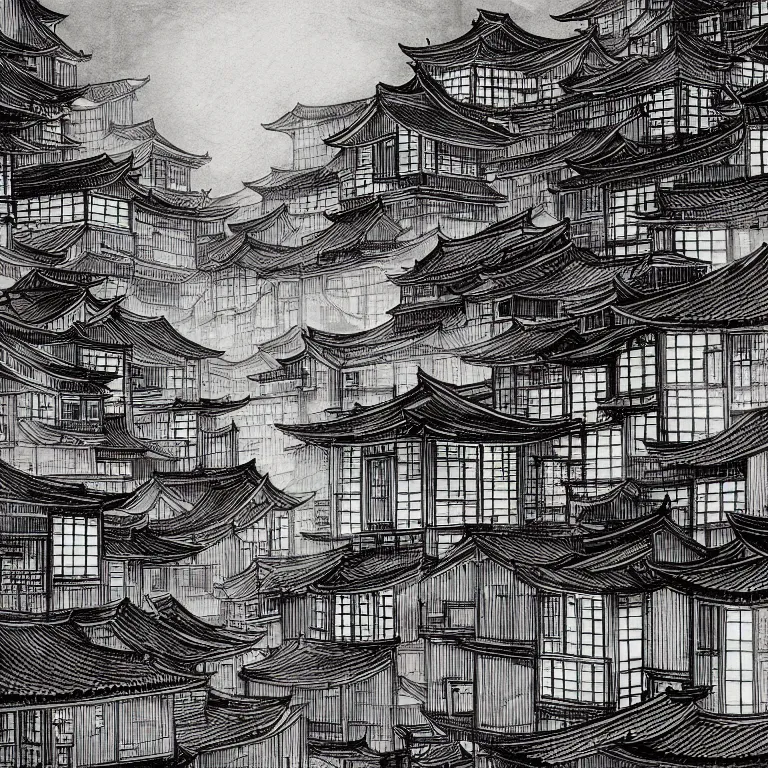 Image similar to a beautiful ink painting of buildings in japanese traditional style, in the style of hiroshi yoshida, at night, light effect, detailed, high - definition, exquisite isolated very detailed, moody lighting, 8 k highly detailed, trending on artstation