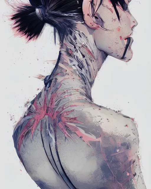 Image similar to a ultradetailed beautiful back painting of a stylish woman with white hair in a short pony tail, she is wearing jeans, by conrad roset, greg rutkowski and makoto shinkai trending on artstation