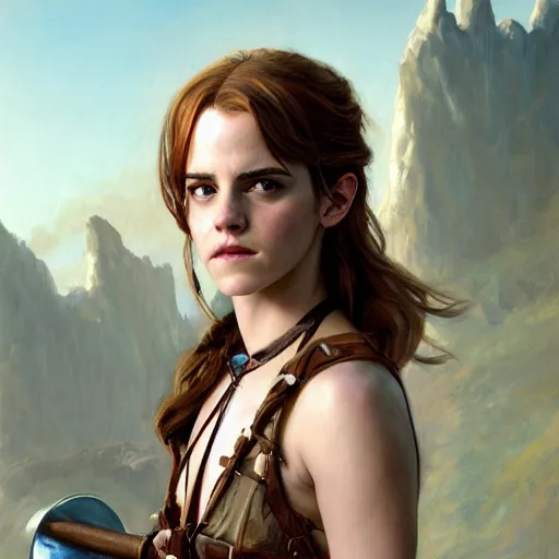 Image similar to a portrait of emma watson and emma stone as a barbarian, detailed, centered, digital painting, artstation, concept art, donato giancola, joseph christian leyendecker, wlop, boris vallejo, breathtaking, 8 k resolution, extremely detailed, beautiful, establishing shot, artistic, hyperrealistic, beautiful face, octane render