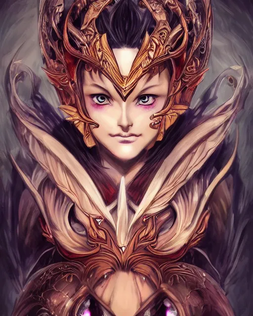 Image similar to A beautiful female demon posing on a chair, beautiful face, highly detailed face, close-up, fantasy art, female art, in the style of masami kurumada, illustration, epic, fantasy, intricate, hyper detailed, artstation, concept art, smooth, sharp focus, ray tracing