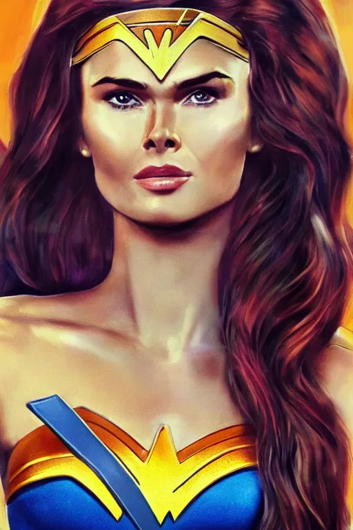 Image similar to portrait of a mix of beautiful young maria shriver, mariel hemmingway, brooke shields and elle macpherson as wonderwoman, thin lips, hair tied up in a pony tail, colorful artstation, cgsociety