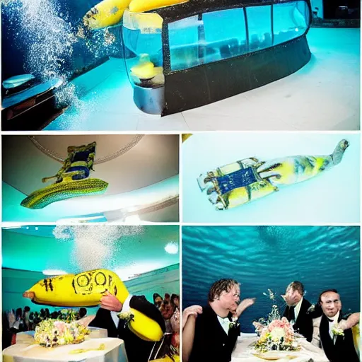 Image similar to underwater wedding reception gets destroyed by spaceship shaped as a banana